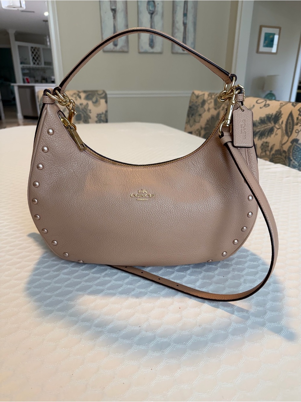 Coach Pebbled Leather Crescent Hobo in Taupe